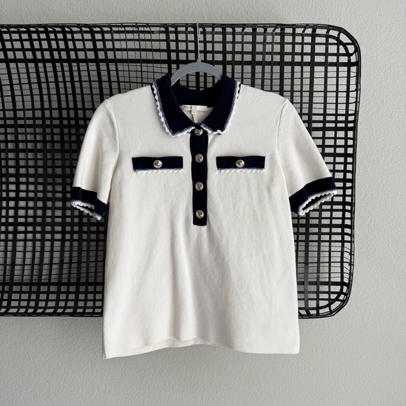 Maje ecru Mexicano scallop trimmed cotton polo shirt - Picture 1 of 9
